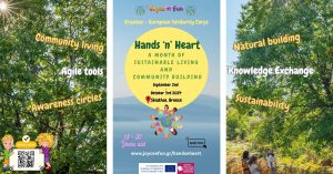 Informational poster for "ESC Teams volunteering: Hands 'n' Heart: A Month of Sustainable Living and Community Building" in Siatista, Greece, from September 2 to October 3, 2024, organized by Joyce 'n' Fun.