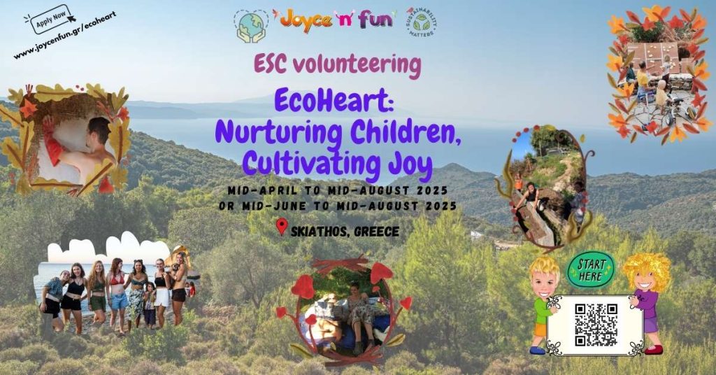 Colorful poster for "EcoHeart: Nurturing Children, Cultivating Joy," a rewarding volunteering program in Skiathos, Greece, from mid-April to mid-August 2025. Includes contact info and vibrant group photos.